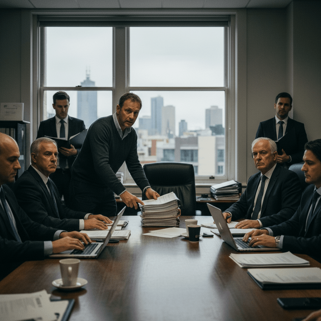 A candid shot of a serious business meeting in progress, with men in suits looking at documents and laptops.