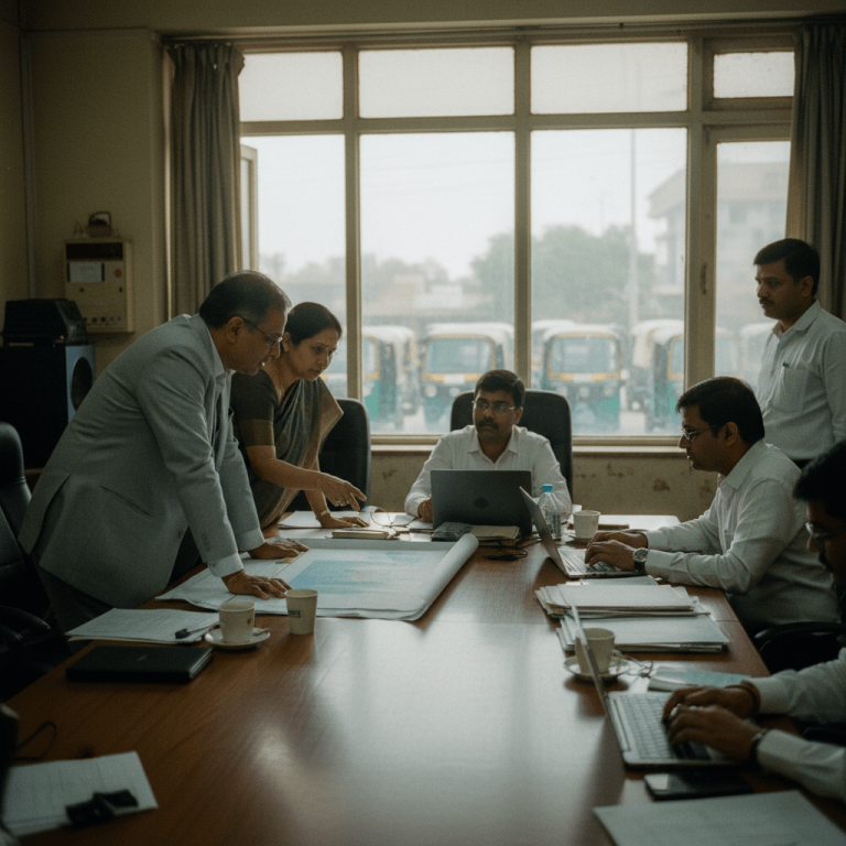 Candid shot of Indian government officials in a meeting room, one points at a large document on a table. Auto-rickshaws are visible outside the window.