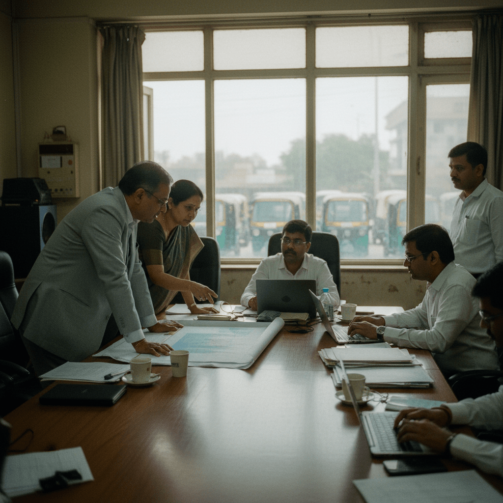 Candid shot of Indian government officials in a meeting room, one points at a large document on a table. Auto-rickshaws are visible outside the window.