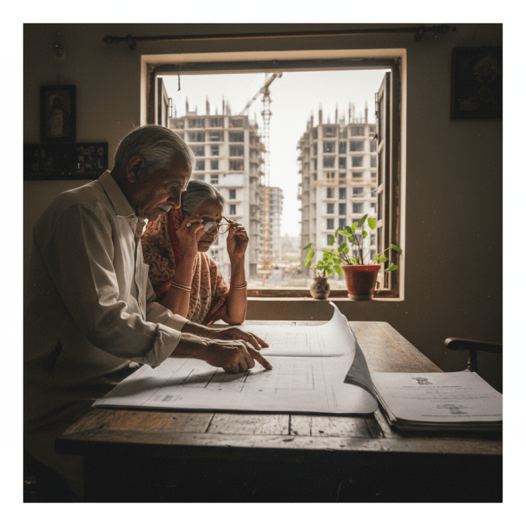 An older Indian couple intently examining architectural blueprints on a wooden table, with new construction visible outside a window.