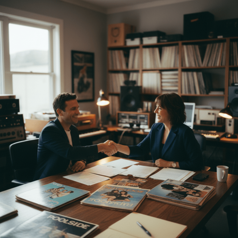 Two smiling music executives, a man and a woman, shake hands across a table laden with contracts and classic vinyl records.