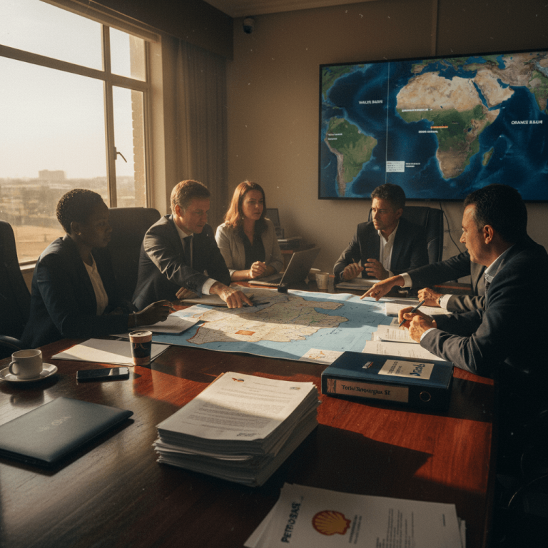 Five business executives in suits gathered around a large map on a conference table, with a digital map display in the background.