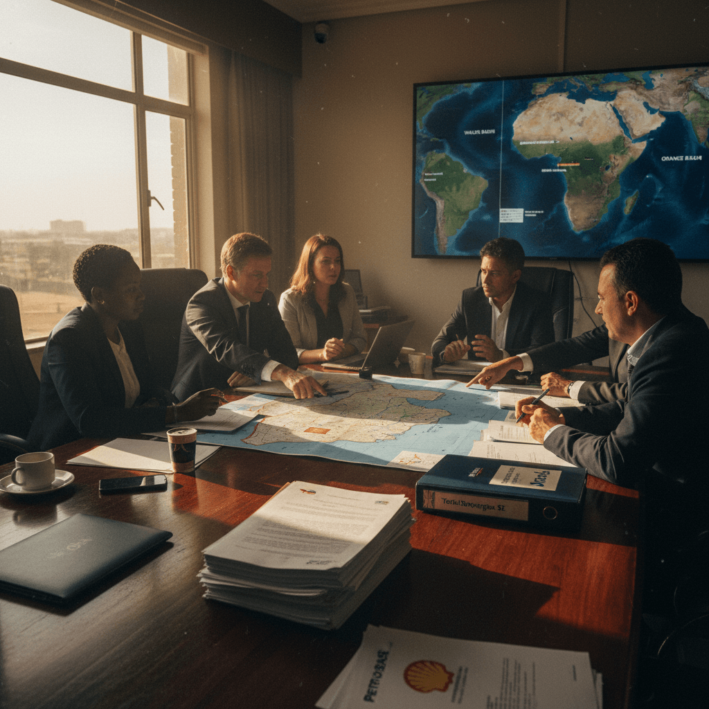Five business executives in suits gathered around a large map on a conference table, with a digital map display in the background.
