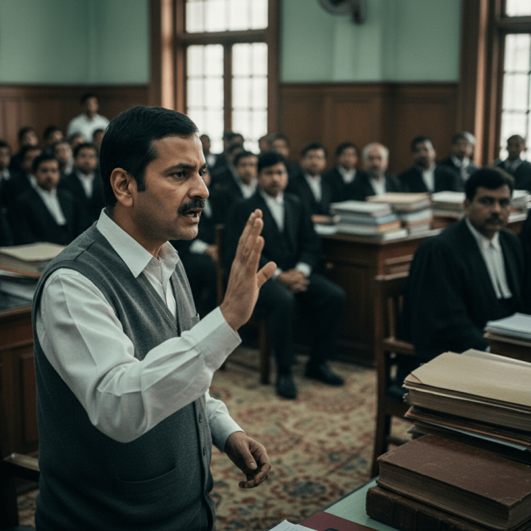 Arvind Kejriwal, speaking animatedly in a courtroom, gestures with one hand raised, surrounded by lawyers.