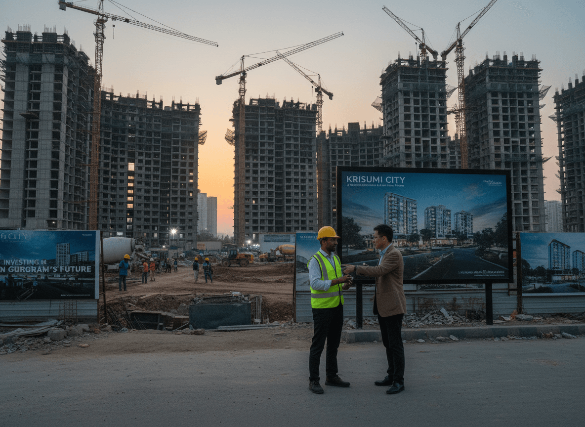 Two men in business attire and safety gear shake hands in front of a construction site with multiple high-rise buildings and cranes.