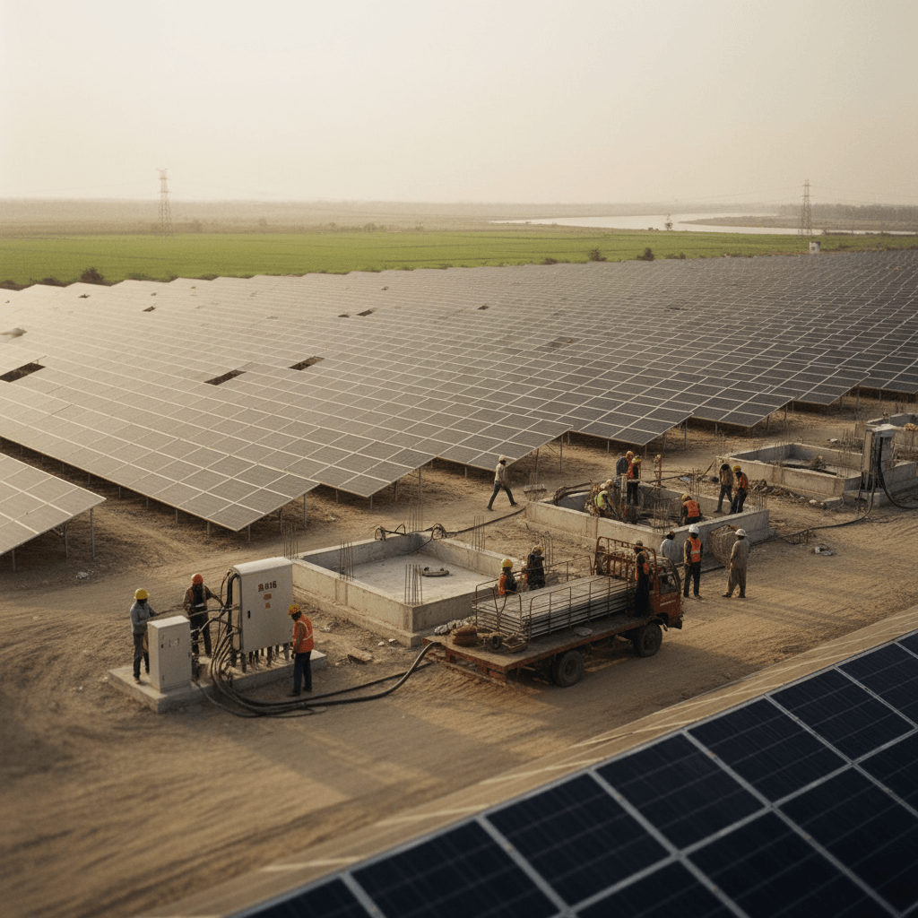 An aerial view of a vast solar farm under construction, with workers installing panels and equipment on a dusty field.