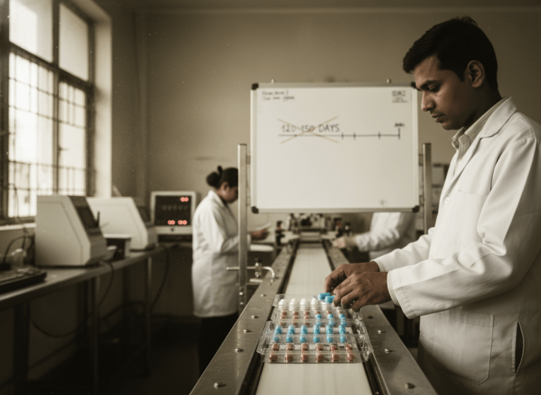 A man in a lab coat places blister packs of pills onto a conveyor belt in an Indian pharmaceutical factory.