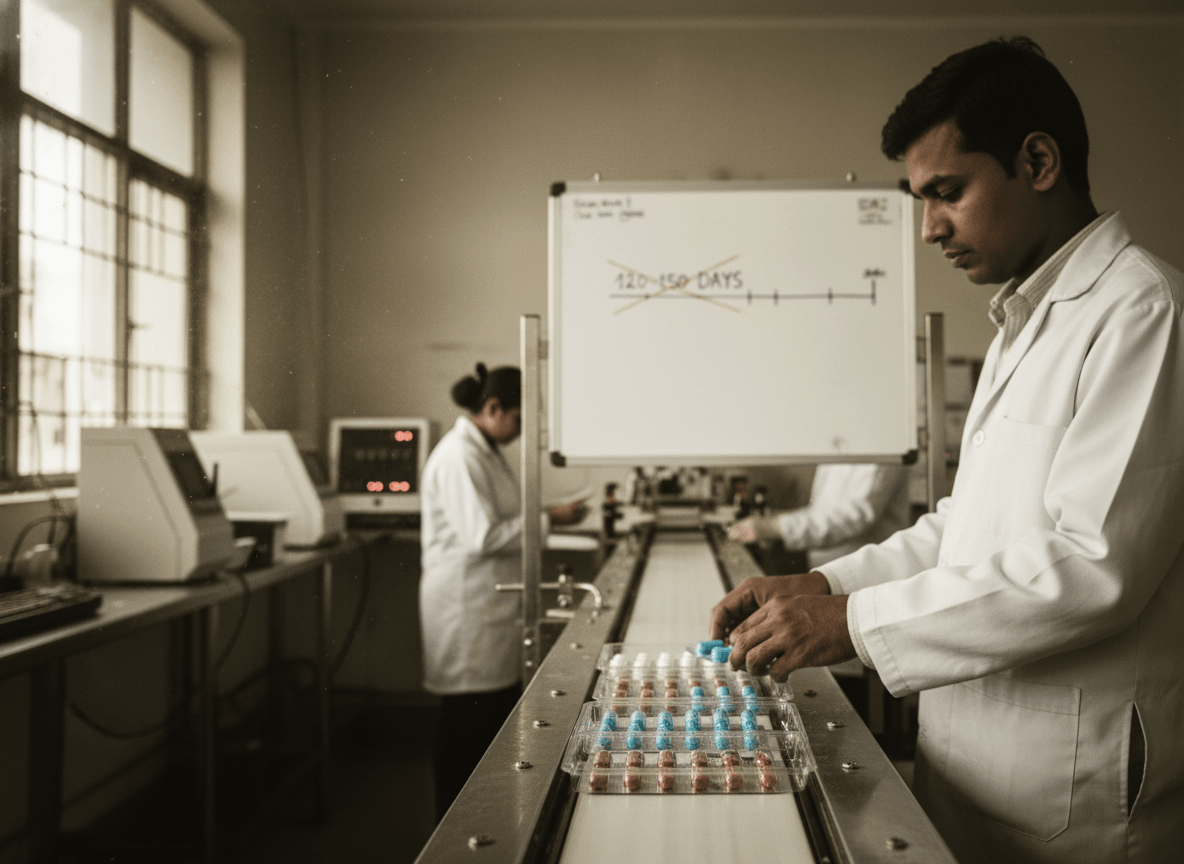 A man in a lab coat places blister packs of pills onto a conveyor belt in an Indian pharmaceutical factory.