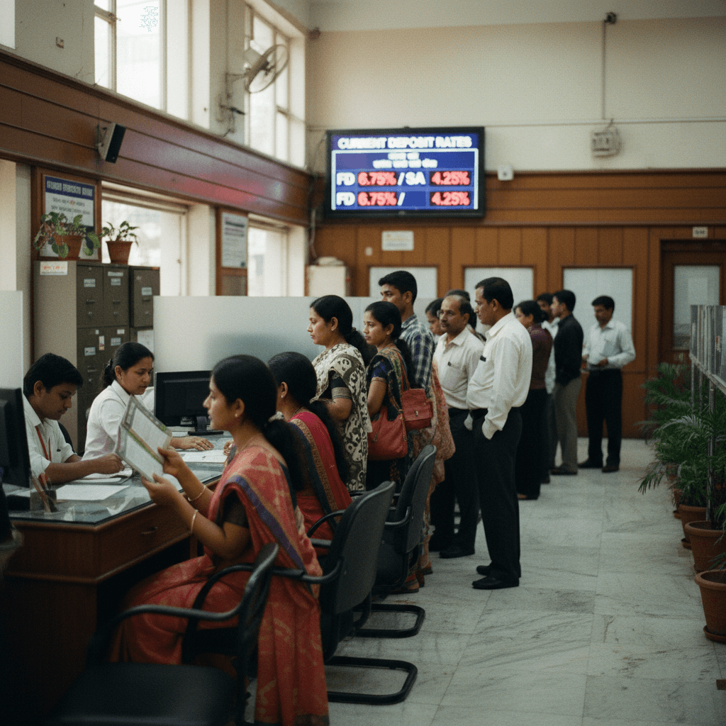 A busy scene inside an Indian bank, with customers waiting in line and staff attending to them at counters.