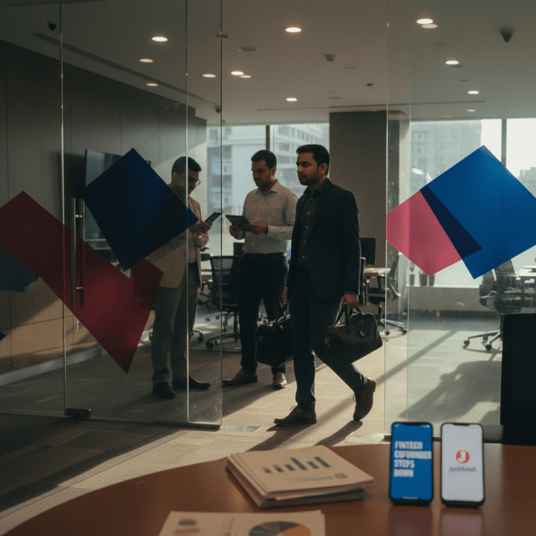 A man in a suit carrying a bag walks through a modern office, while two other men stand behind him.