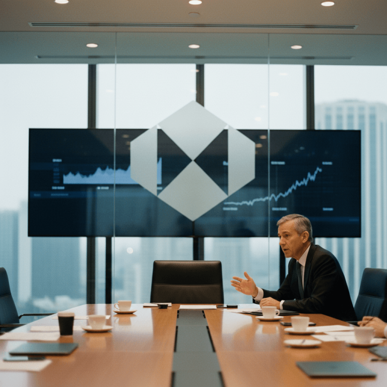 HSBC Chair Brendan Nelson gestures while speaking at a large boardroom table, with city skyline visible through windows.