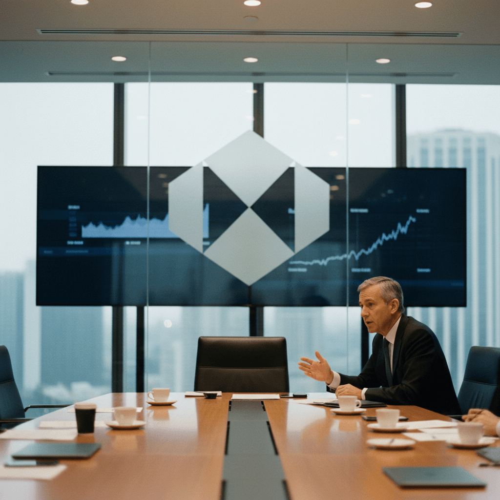 HSBC Chair Brendan Nelson gestures while speaking at a large boardroom table, with city skyline visible through windows.
