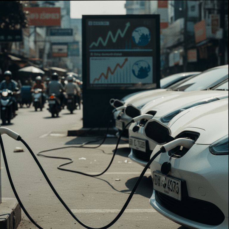Electric vehicles charging on a busy street in Southeast Asia, with a digital billboard showing upward economic trends.