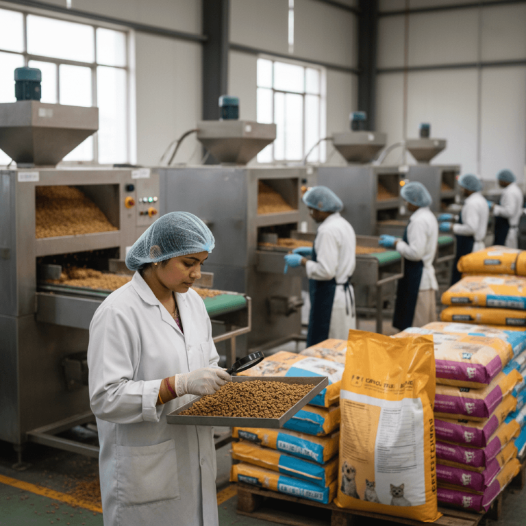 A woman in a lab coat and hairnet uses a magnifying glass to inspect pet food pellets on a tray in a factory.