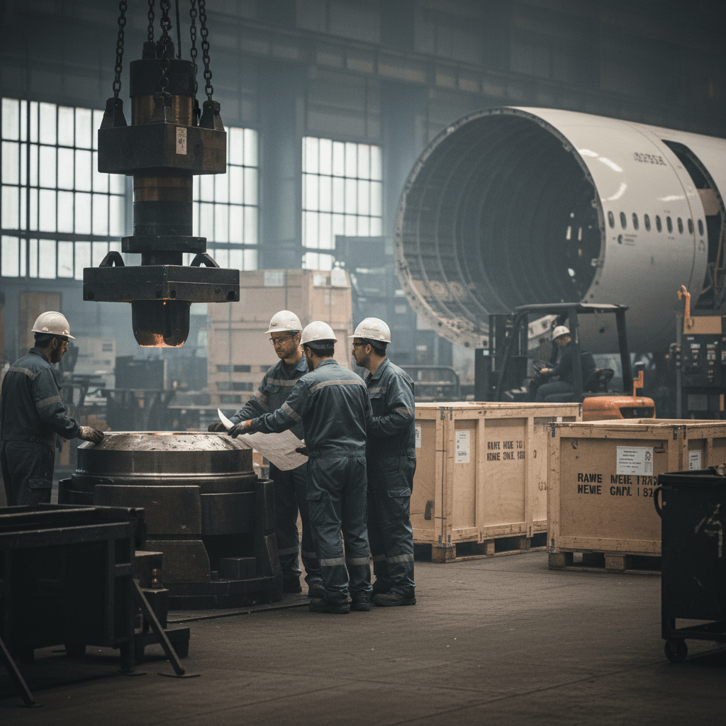 Four engineers in hard hats and blue jumpsuits examine blueprints in a dimly lit factory. Heavy machinery, metal components, and large wooden crates fill the foreground. In the background, a large aircraft fuselage section is visible, with another worker near it.