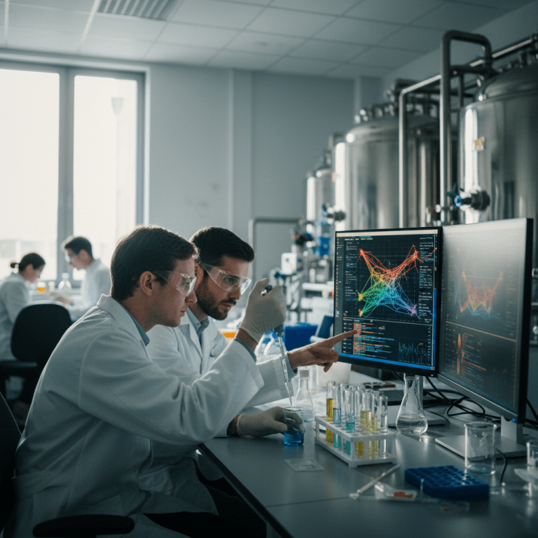 Two scientists in lab coats and safety glasses analyze complex data visualizations on computer screens in a modern lab.
