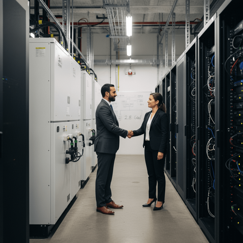 Two executives, a man and a woman in business attire, shake hands in a data center with fuel cells and servers.
