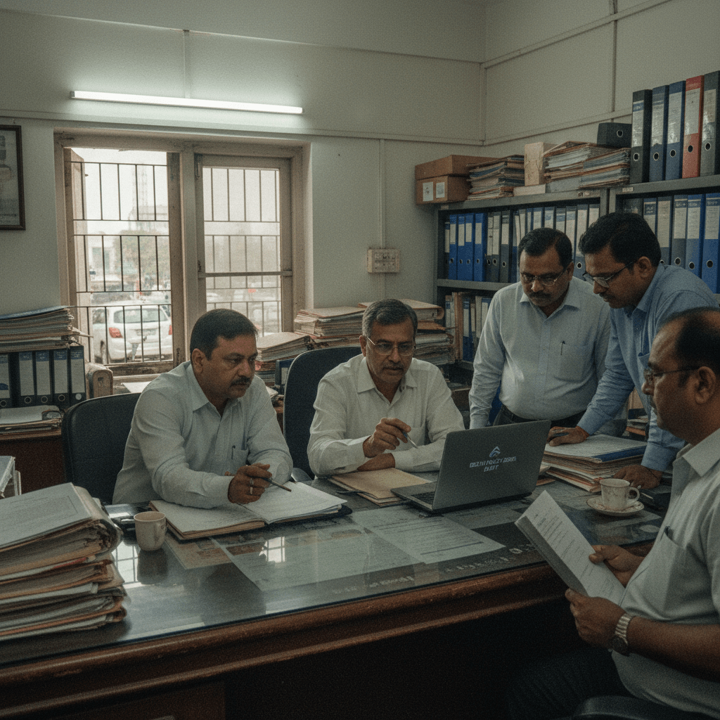 Four men in a government office discuss policy around a laptop on a cluttered desk, one pointing at the screen.