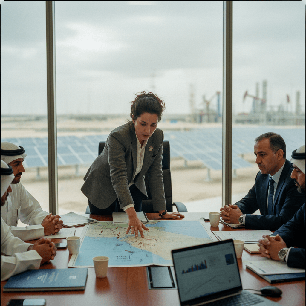 A female IRENA representative points to a map on a conference table with Middle Eastern officials; solar panels and oil rigs are visible outside a large window.