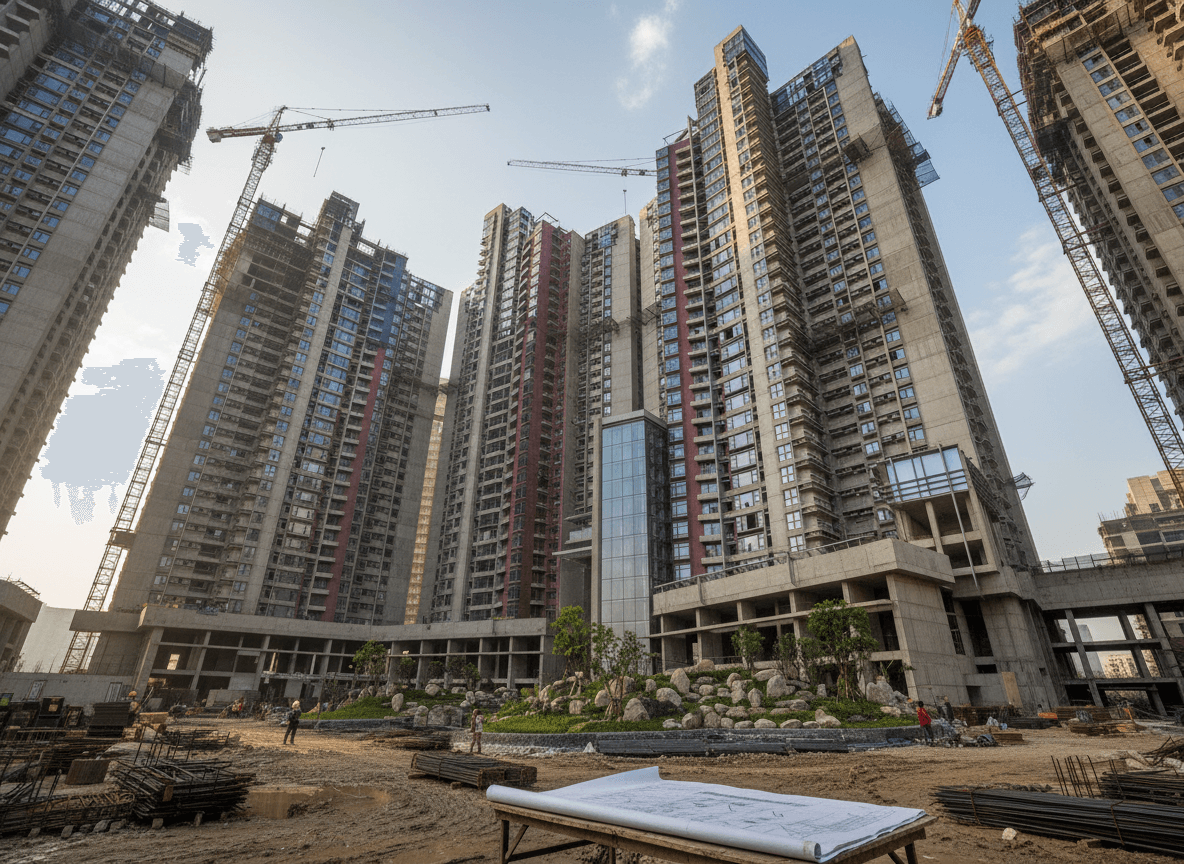 A wide-angle shot of a large construction site with multiple unfinished high-rise buildings and towering cranes.