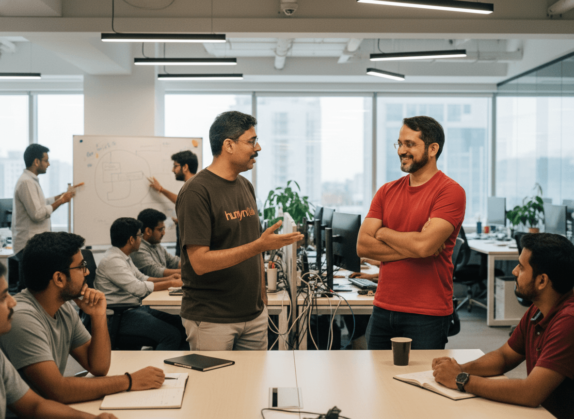 Two men, Manish Agarwal and another colleague, engaged in discussion amidst a busy, open-plan office.
