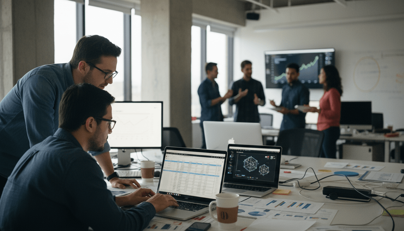 Two men review data on a laptop in a busy, modern office, while colleagues discuss in the background.