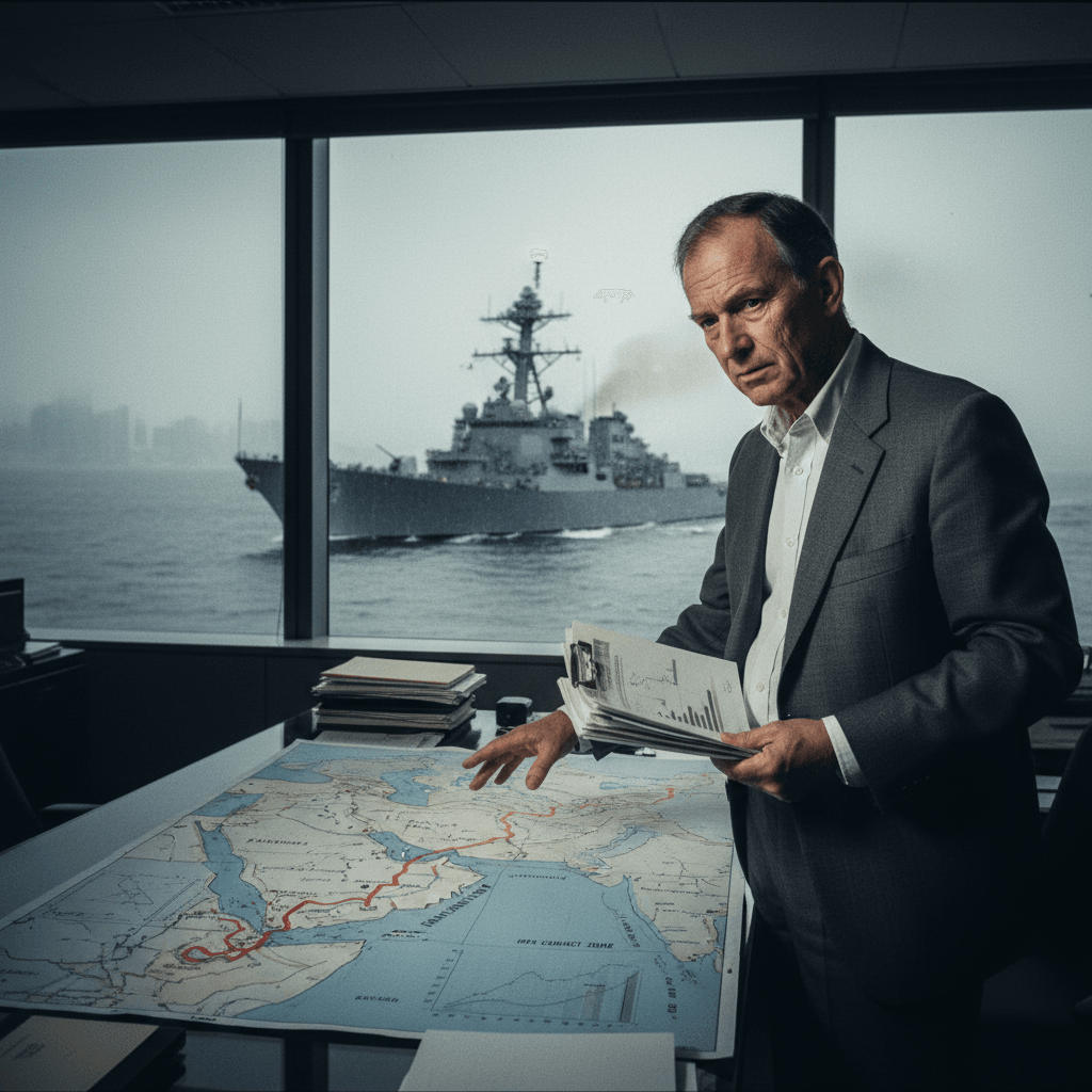 A man in a suit points to a map of the Middle East, specifically the Strait of Hormuz, with a U.S. Navy destroyer visible through a large window behind him.