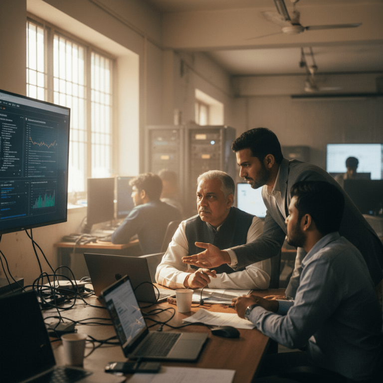 Three Indian men in an office, one pointing at a computer screen displaying data, discussing a new digital policy.