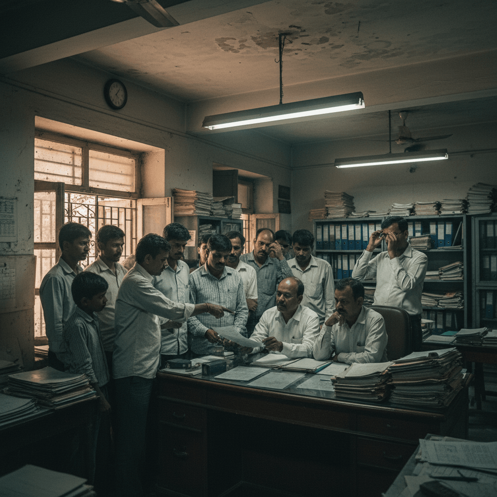 A group of men, some in white shirts and others in collared shirts, gather around a cluttered desk in a government office.