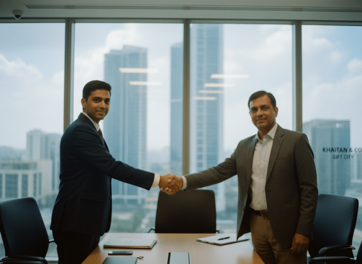 Two men in business attire shake hands across a conference table in an office overlooking a city skyline.