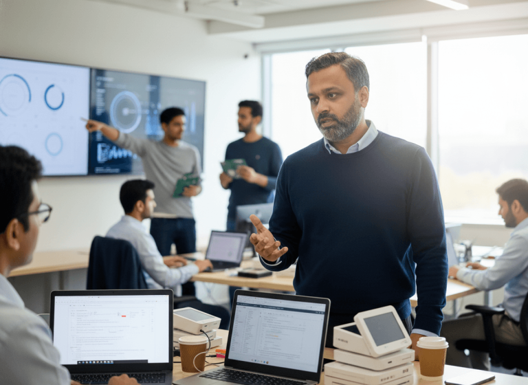 A man with a beard, Srijesh Kumar, stands and gestures while talking to colleagues in a modern office.