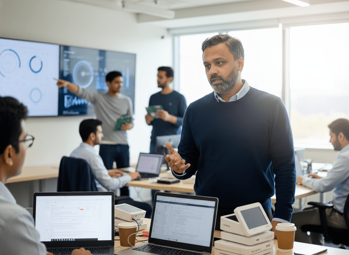 A man with a beard, Srijesh Kumar, stands and gestures while talking to colleagues in a modern office.