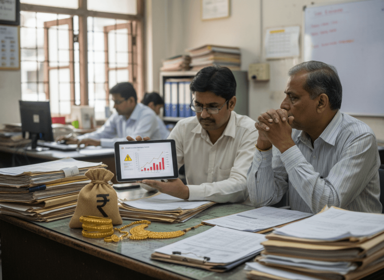 Two Indian loan officers in an office, one showing a tablet with a risk graph, surrounded by gold and documents.