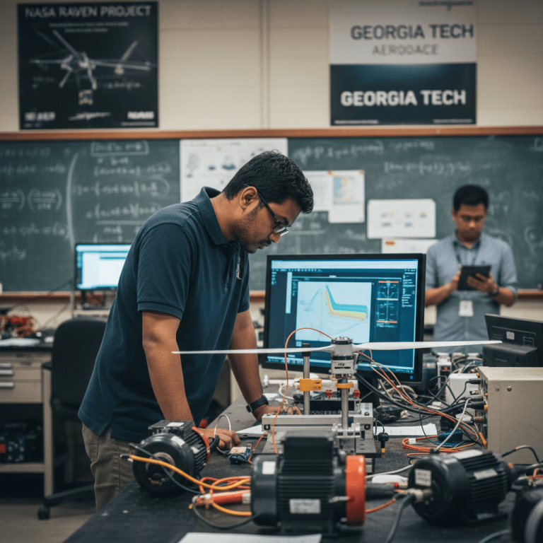 A Malaysian scientist in a lab coat meticulously calibrates an eVTOL prototype, surrounded by equipment and screens.