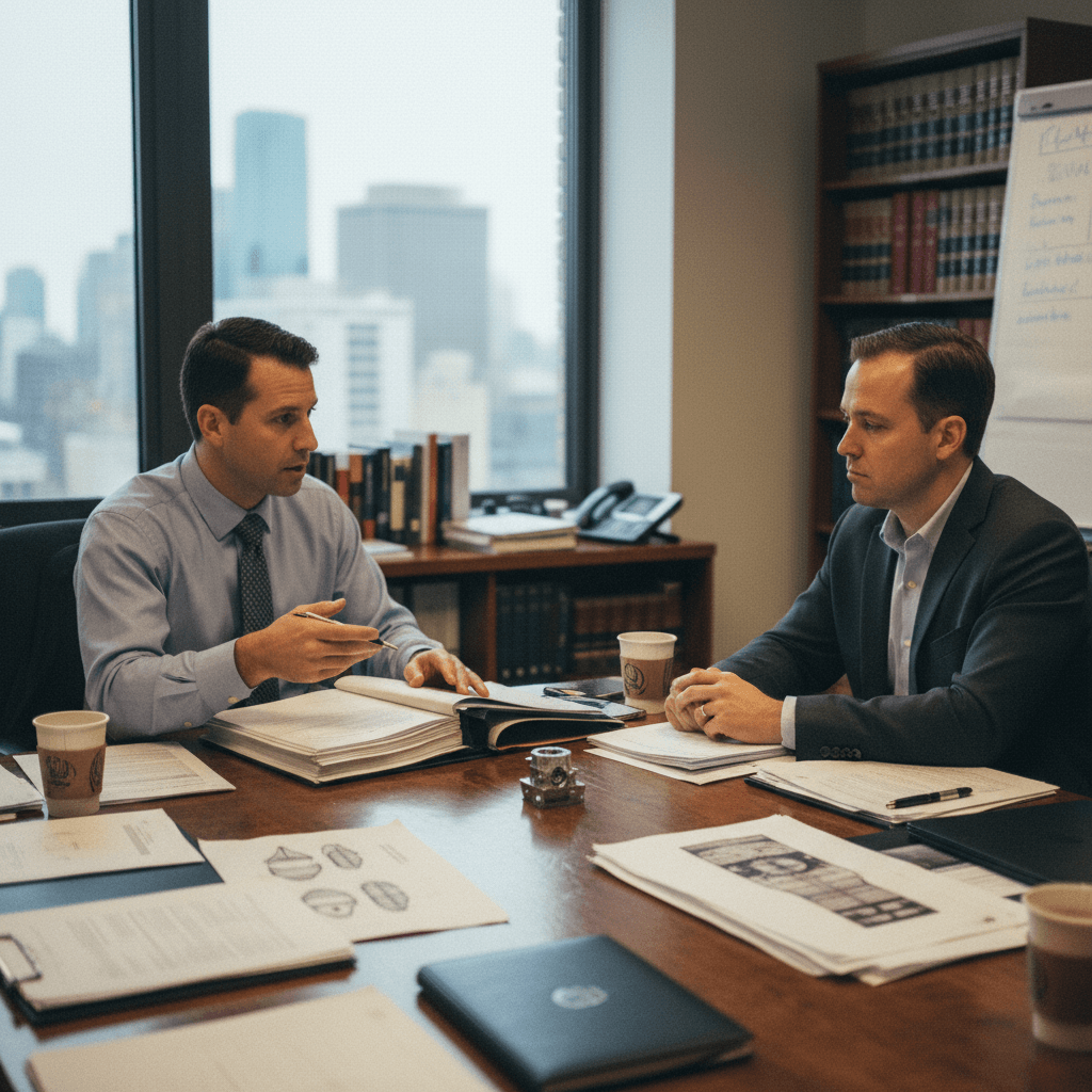 Two men in business attire sit at a large wooden conference table, papers and coffee cups scattered.