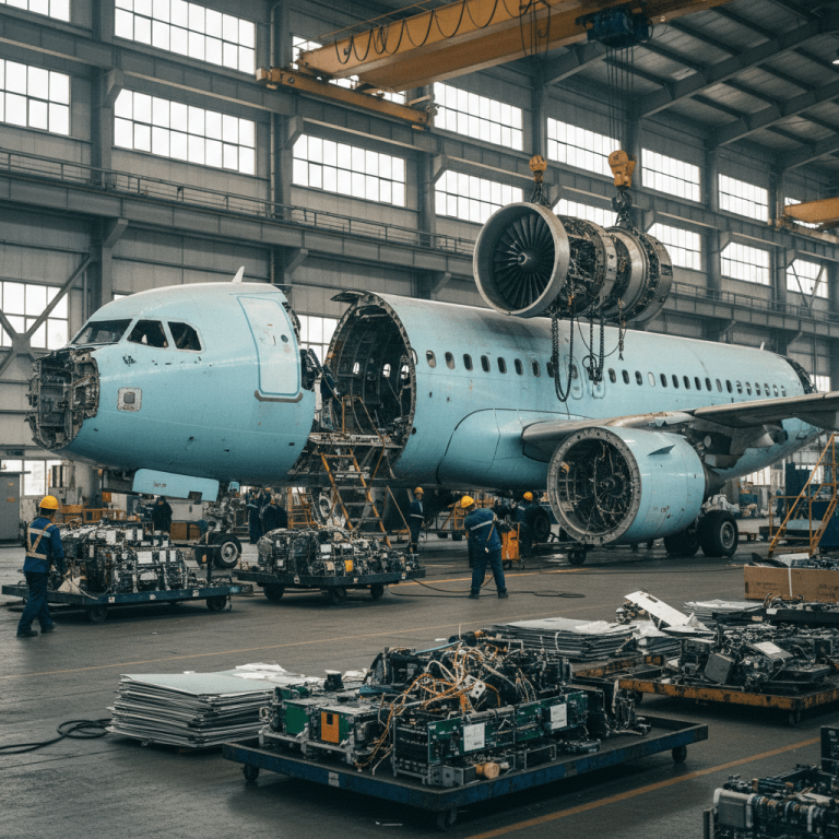 Wide shot of a large, partially dismantled light blue Airbus plane inside a spacious industrial hangar.