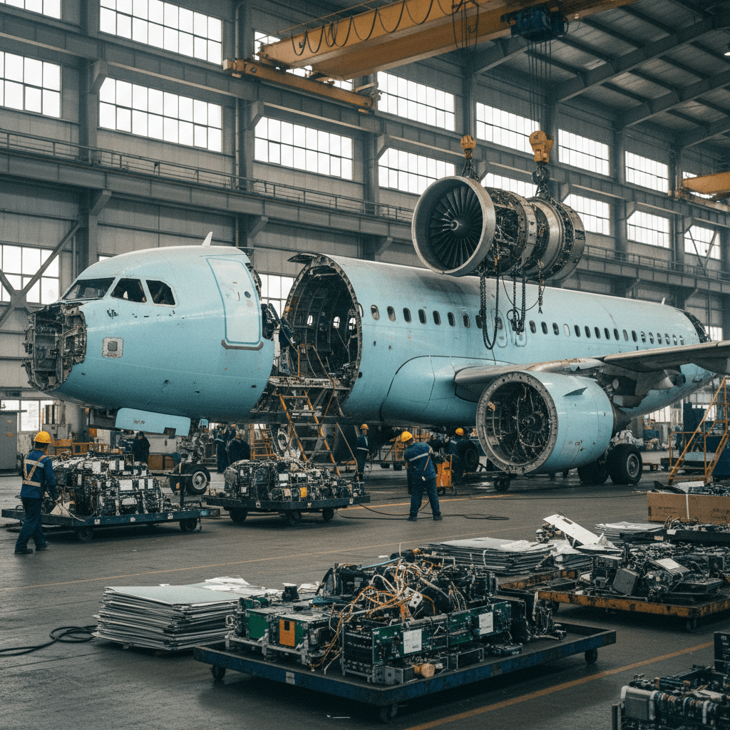 Wide shot of a large, partially dismantled light blue Airbus plane inside a spacious industrial hangar.