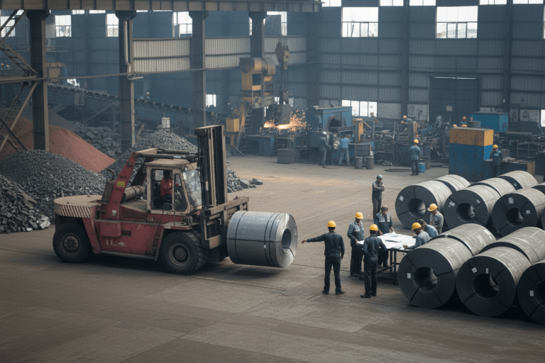 A busy steel factory floor with workers in hard hats, a forklift moving steel coils, and sparks flying in the background.