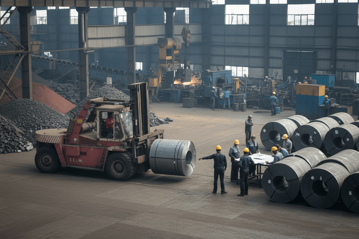 A busy steel factory floor with workers in hard hats, a forklift moving steel coils, and sparks flying in the background.