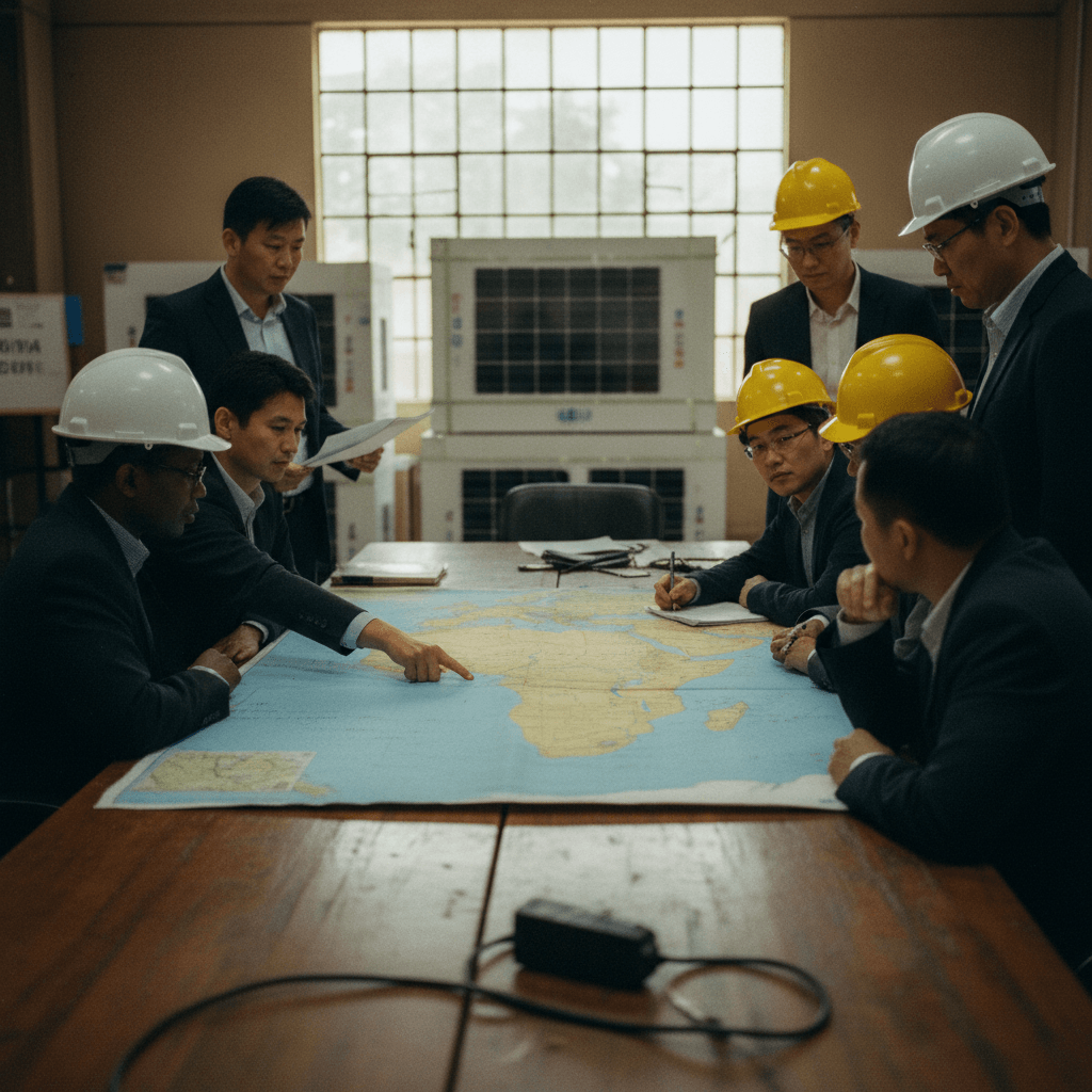 A group of diverse business professionals in hard hats review a large map of Africa and the Middle East on a conference table.