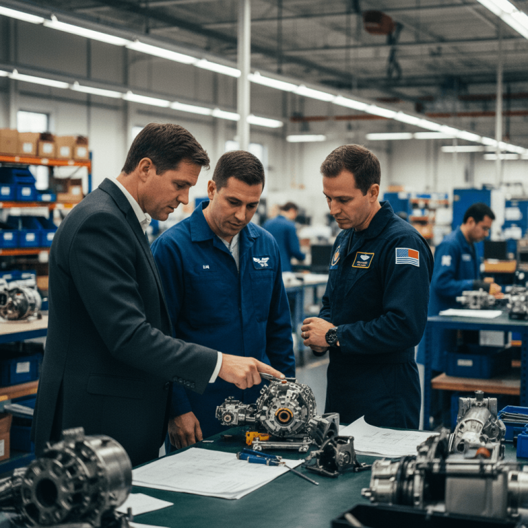 Three men, two in mechanic jumpsuits and one in a suit, examine complex aerospace parts on a workbench in a factory.