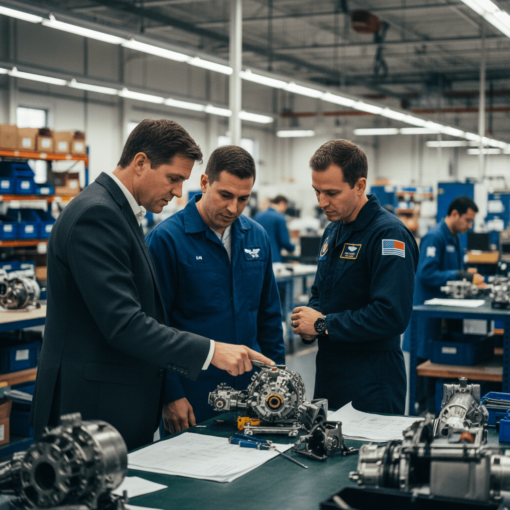 Three men, two in mechanic jumpsuits and one in a suit, examine complex aerospace parts on a workbench in a factory.