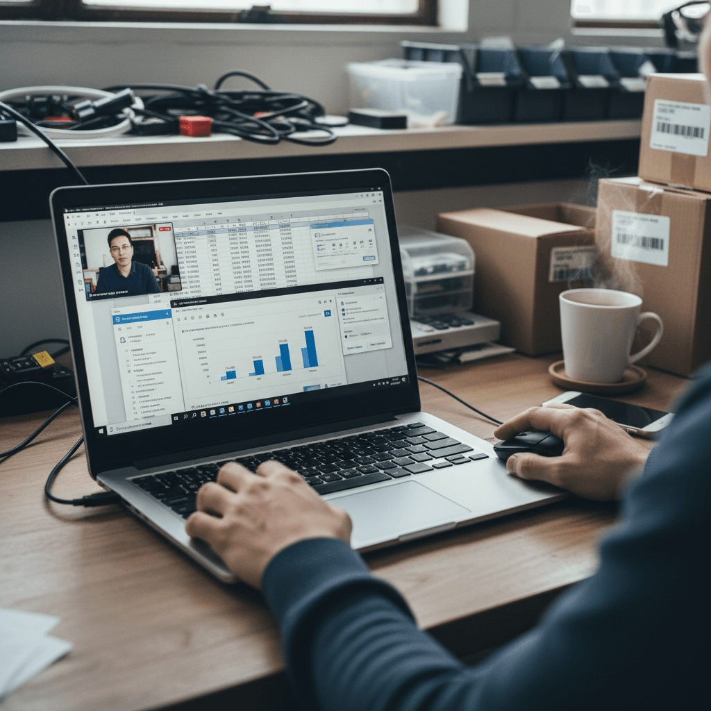 A person's hands are typing on a laptop keyboard, a mouse beside it. The screen shows Microsoft Office applications.
