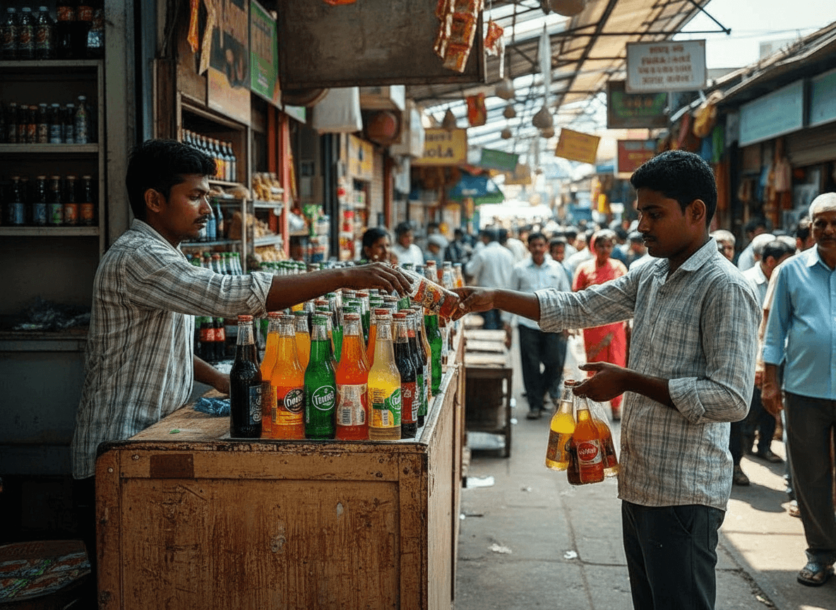 Two men in a crowded outdoor market. One vendor hands colorful bottled soft drinks to a customer holding more bottles in a bag.