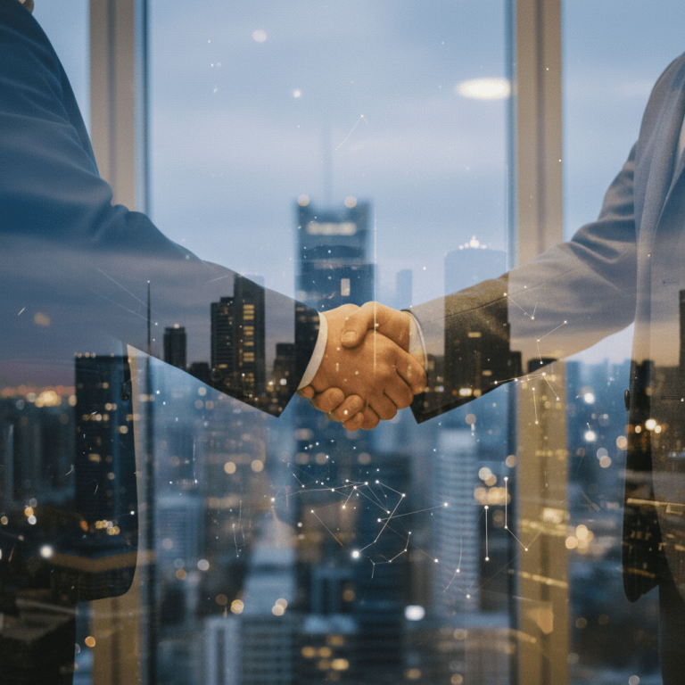 A close-up, candid shot of two business executives shaking hands, with a modern cityscape blurred in the background.