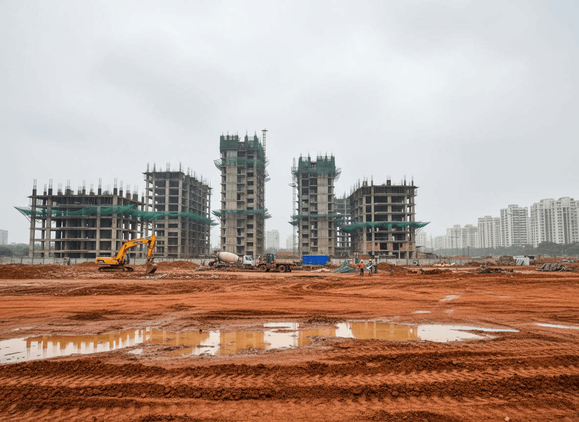 A wide shot of a large construction site with multiple high-rise buildings in various stages of completion.