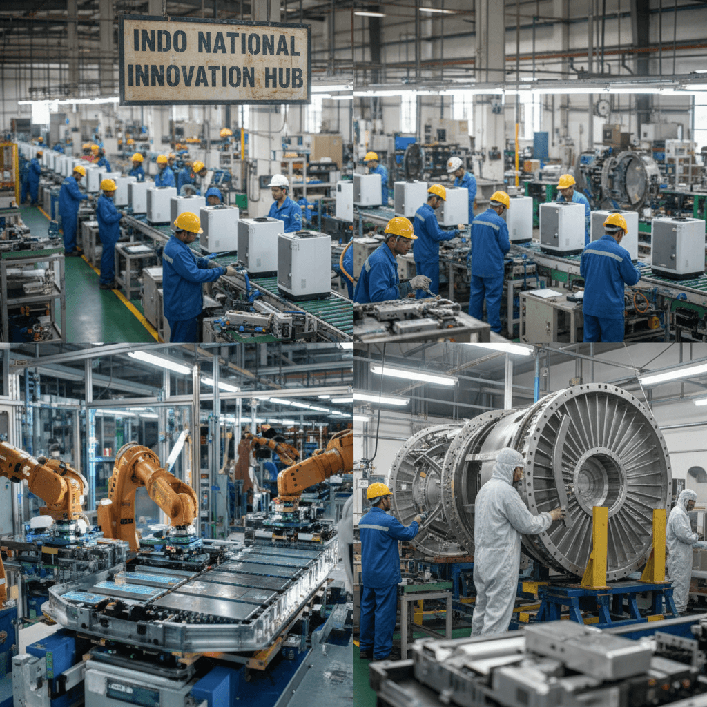 A busy factory floor with workers in blue uniforms assembling products on a conveyor belt, and others working on large aerospace components.