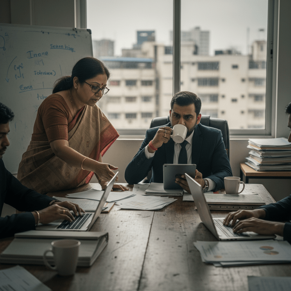 Candid shot of a diverse group of four professionals in a busy office, focused on laptops and a tablet.