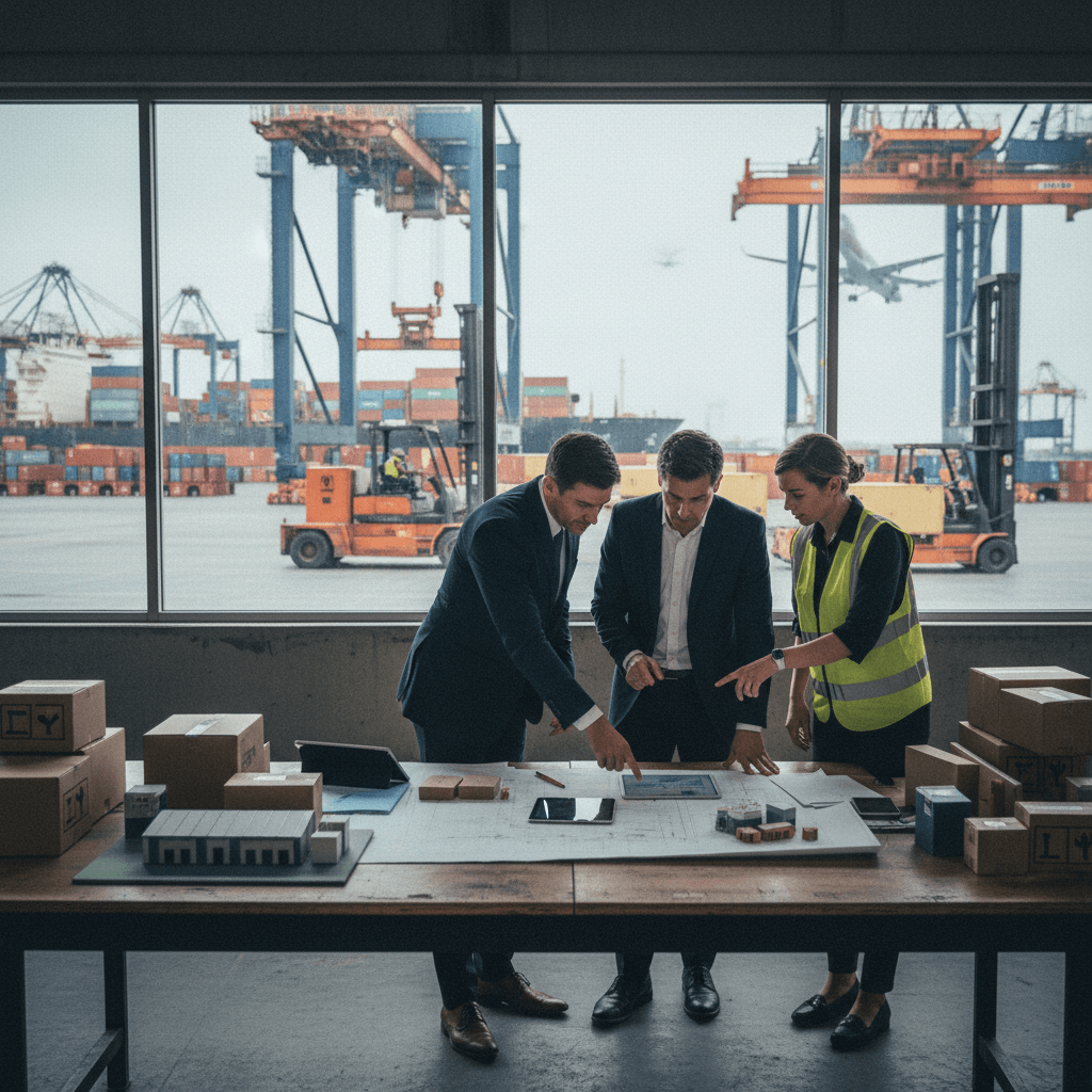 Three professionals, two men in suits and a woman in a safety vest, analyze documents on a table. A port is visible outside.