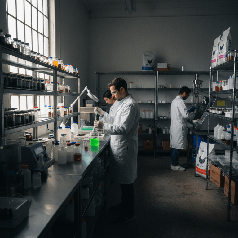 Three scientists in a dimly lit lab, one holding a flask with a glowing green liquid, surrounded by shelves of chemicals.